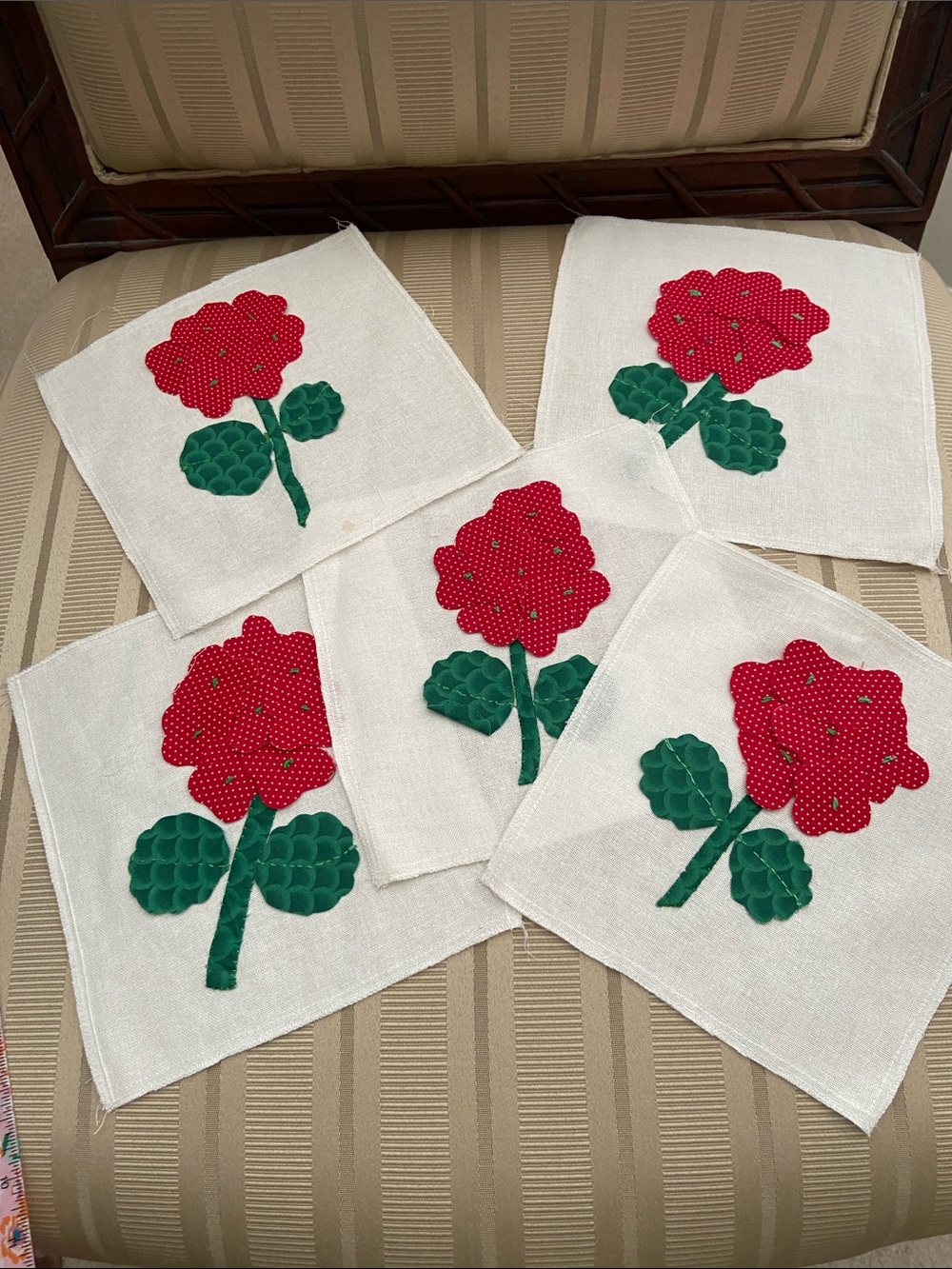 Vintage Handmade Red Floral Appliqué Quilt Blocks - Set of 5